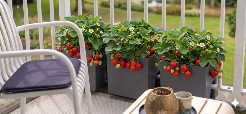 aardbeien op balkon in plantenbakken