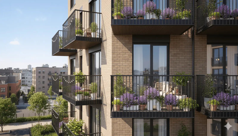 appartement met spijlenbalkon en beplating