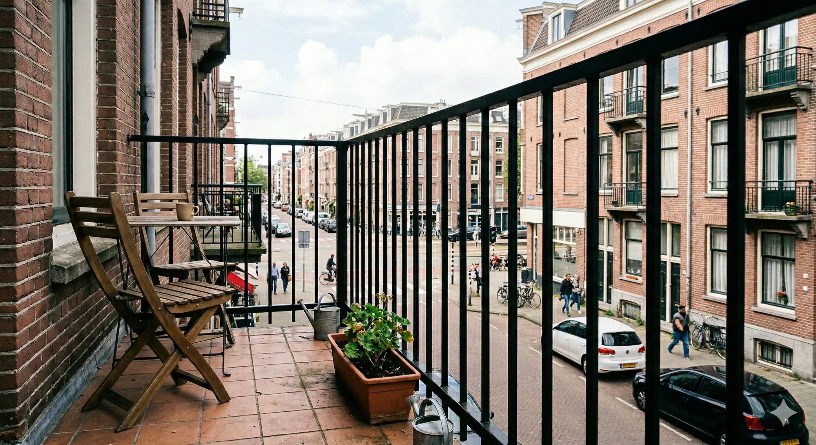 Balkon_met_spijlen_in_een_stad. Staat ook een stoel op het balkon