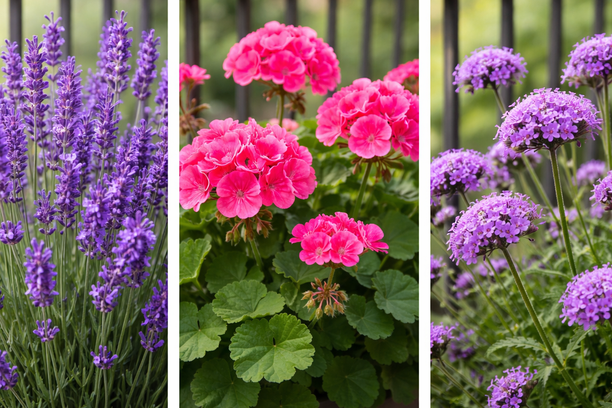 Een triptiek van bloeiende bloemen in diverse kleuren, met de focus op de textuur van de bloembladen en de frisse groene bladeren op de achtergrond.