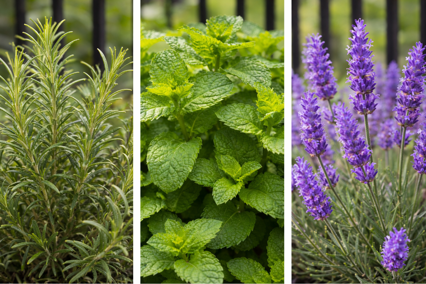 Drieluik van verse keukenkruiden in close-up: de grove groene bladeren van basilicum, de fijne takjes van rozemarijn en de gekartelde blaadjes van munt.