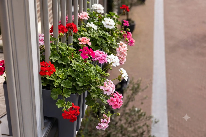 Geraniums op balkon in plantenbakken van Vercony
