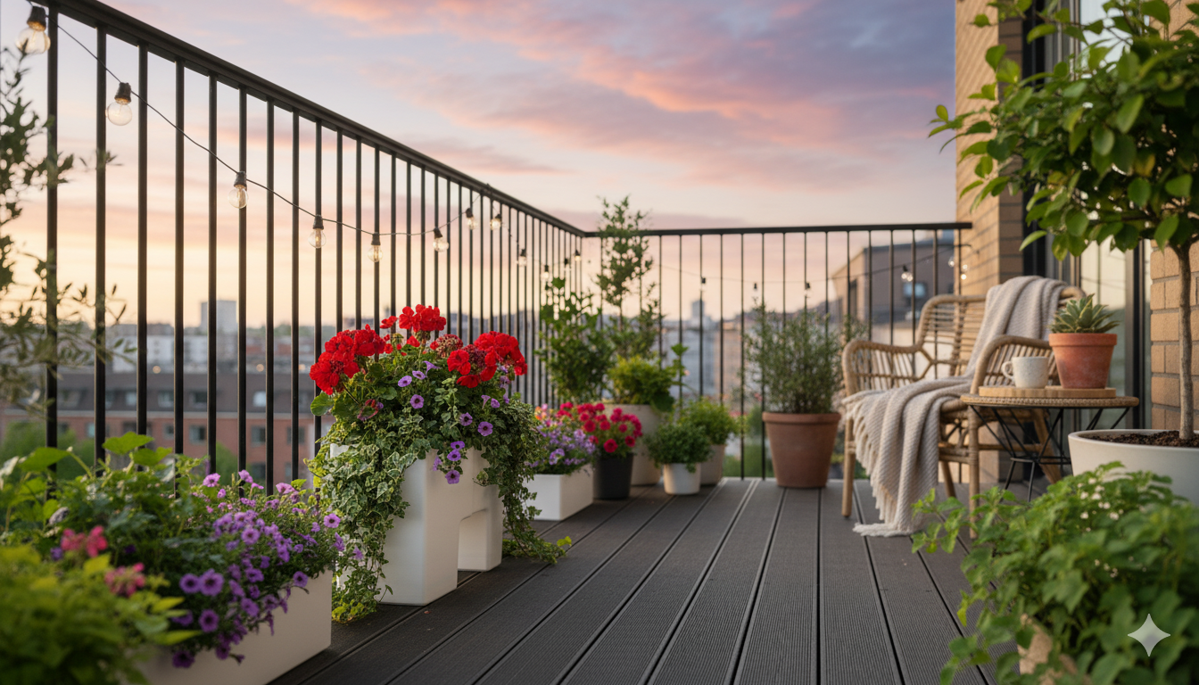 Balkon in het avondlicht met plantenbakken met groen en bloemen. Er staat ook een stoel met een kleedje