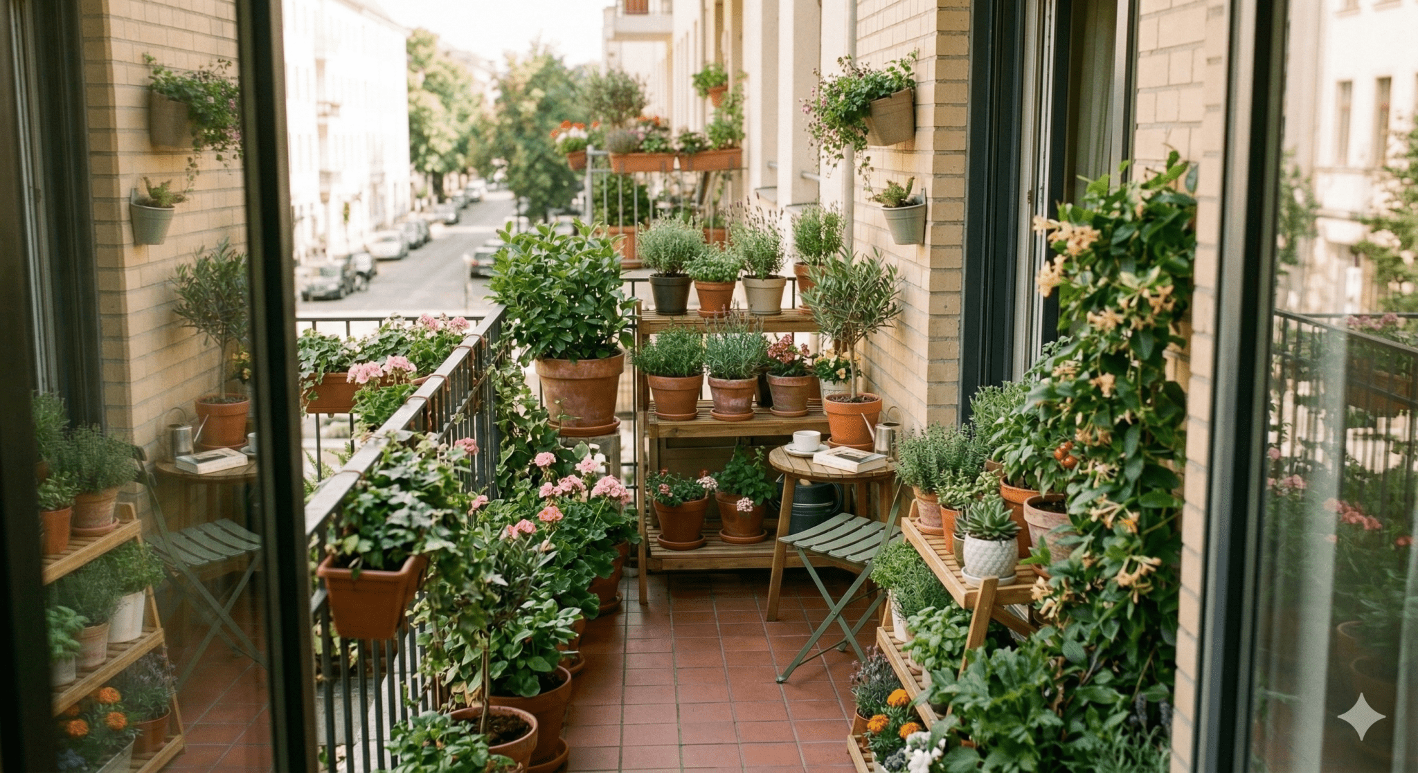 Klein groen balkon met veel planten in potjes en rekken