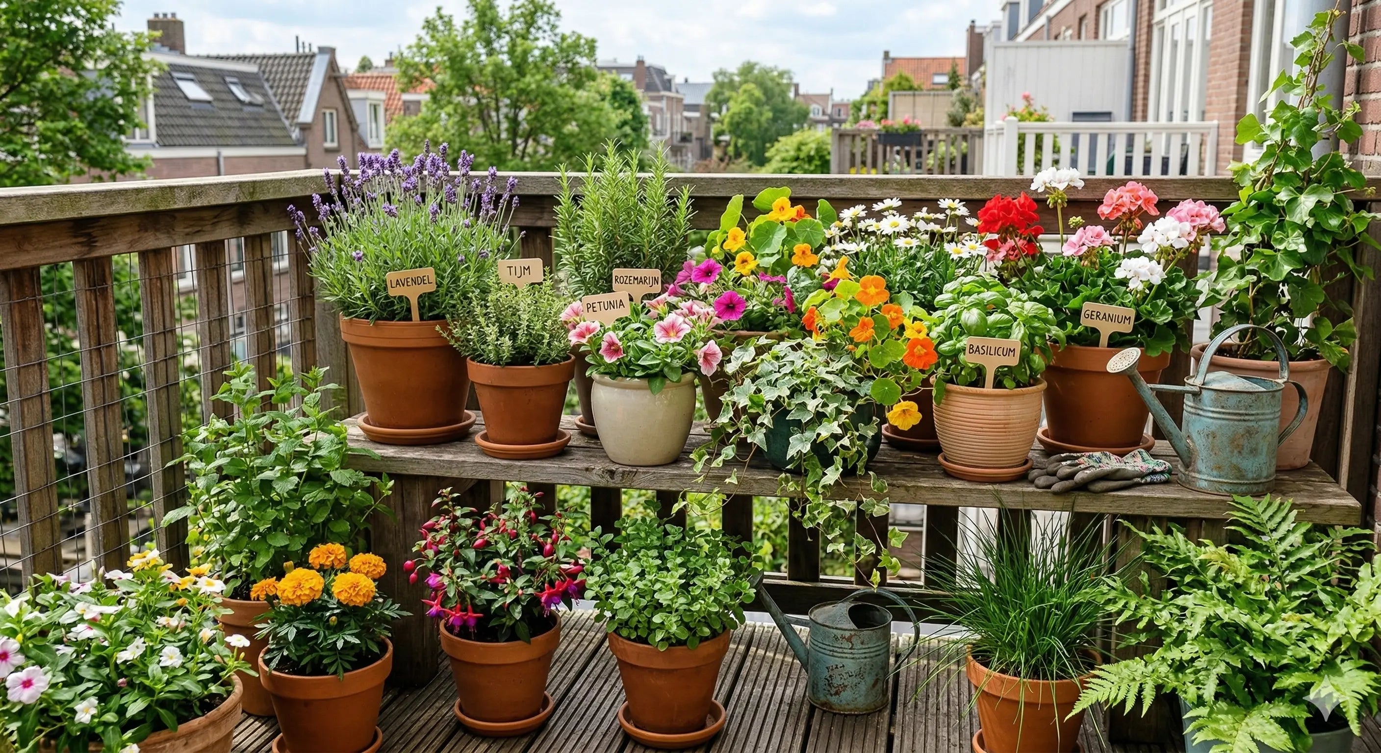 Groen balkon met kruiden in potjes en plantenbakken met een houten railing en spijlen