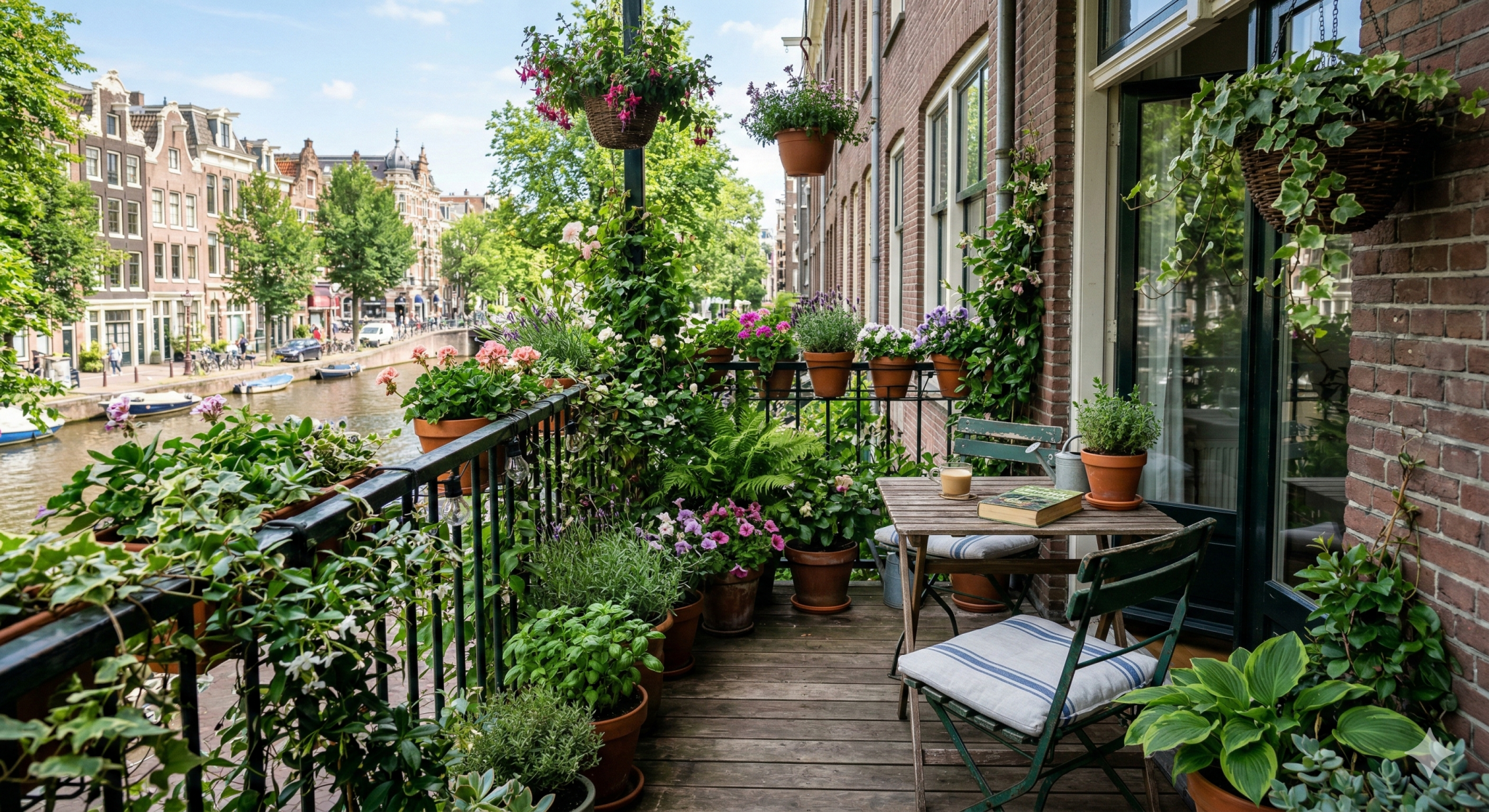 Gezellig stadsbalkon vol groene planten en terracotta potten, uitkijkend op een Amsterdams kanaal met karakteristieke panden aan de overkant