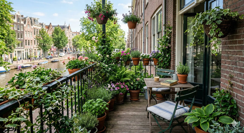 groen balkon aan een kanaal in amsterdam achtige stad