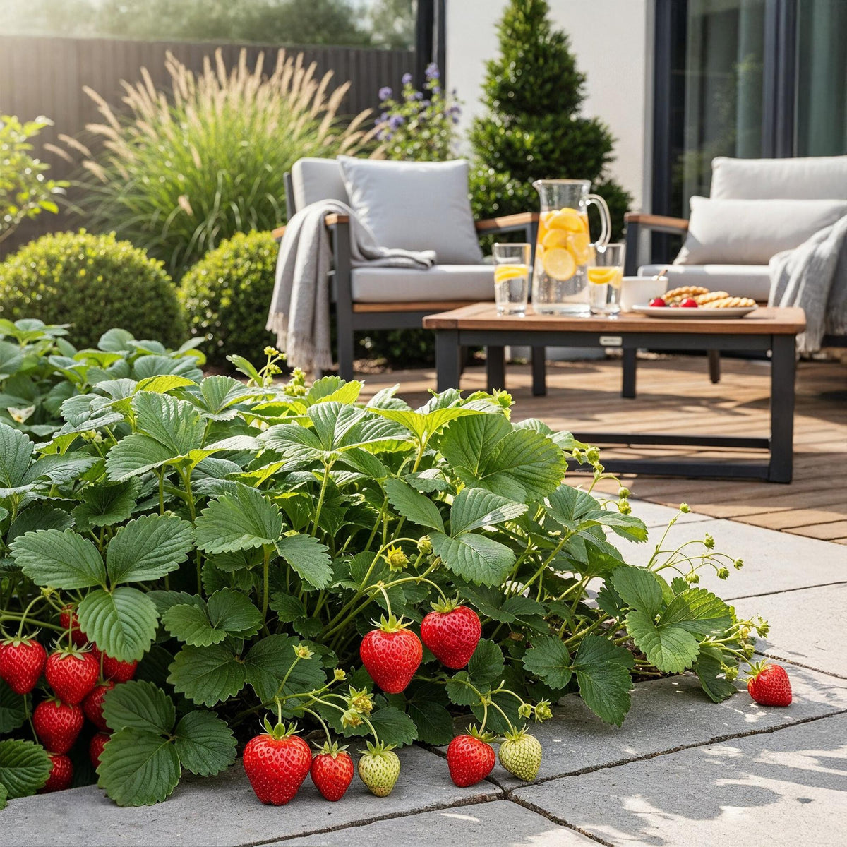 Aardbeiplant voor balkon – Zoete oogst, winterhard (6 planten) - plantenbak voor een groen balkon Vercony