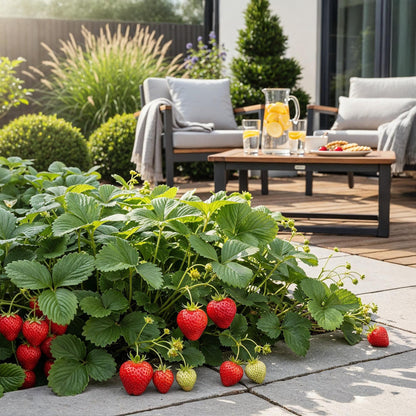 Aardbeiplant voor balkon – Zoete oogst, winterhard (6 planten) - plantenbak voor een groen balkon Vercony