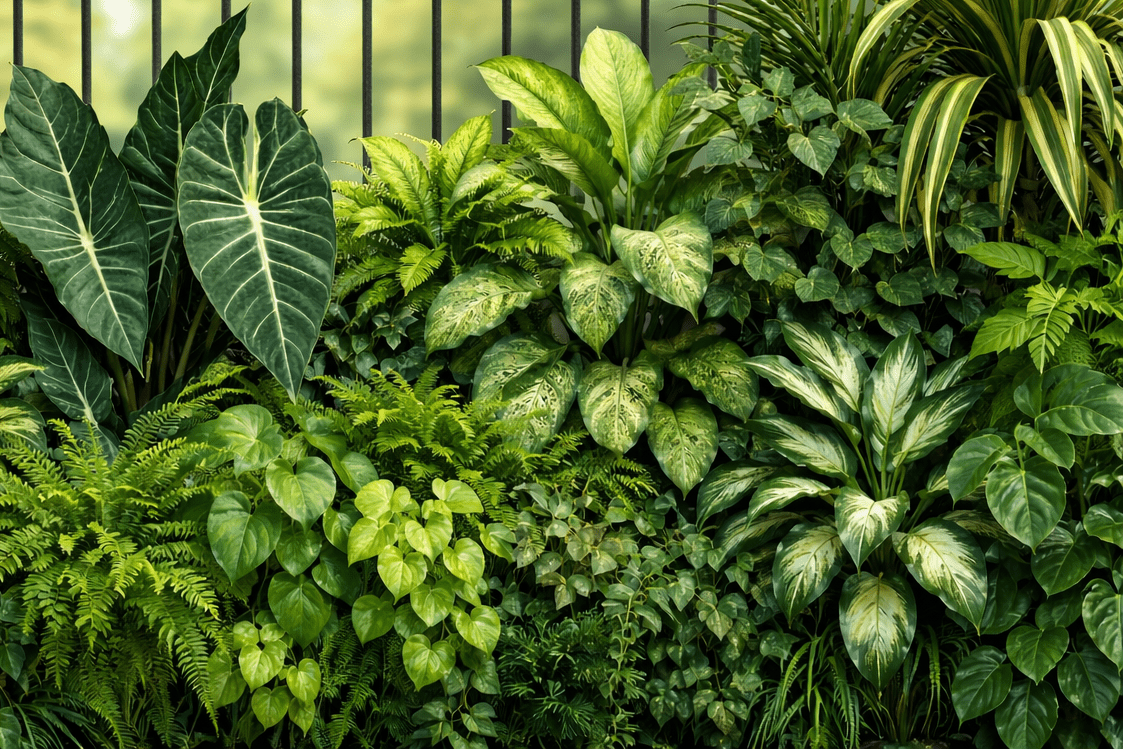 Een weelderige wand van verschillende tropische planten met uiteenlopende bladpatronen en tinten groen