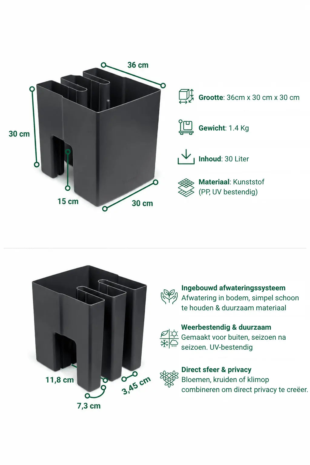 GreenUp Balkon Plantenbak - Antraciet - plantenbak voor een groen balkon Vercony