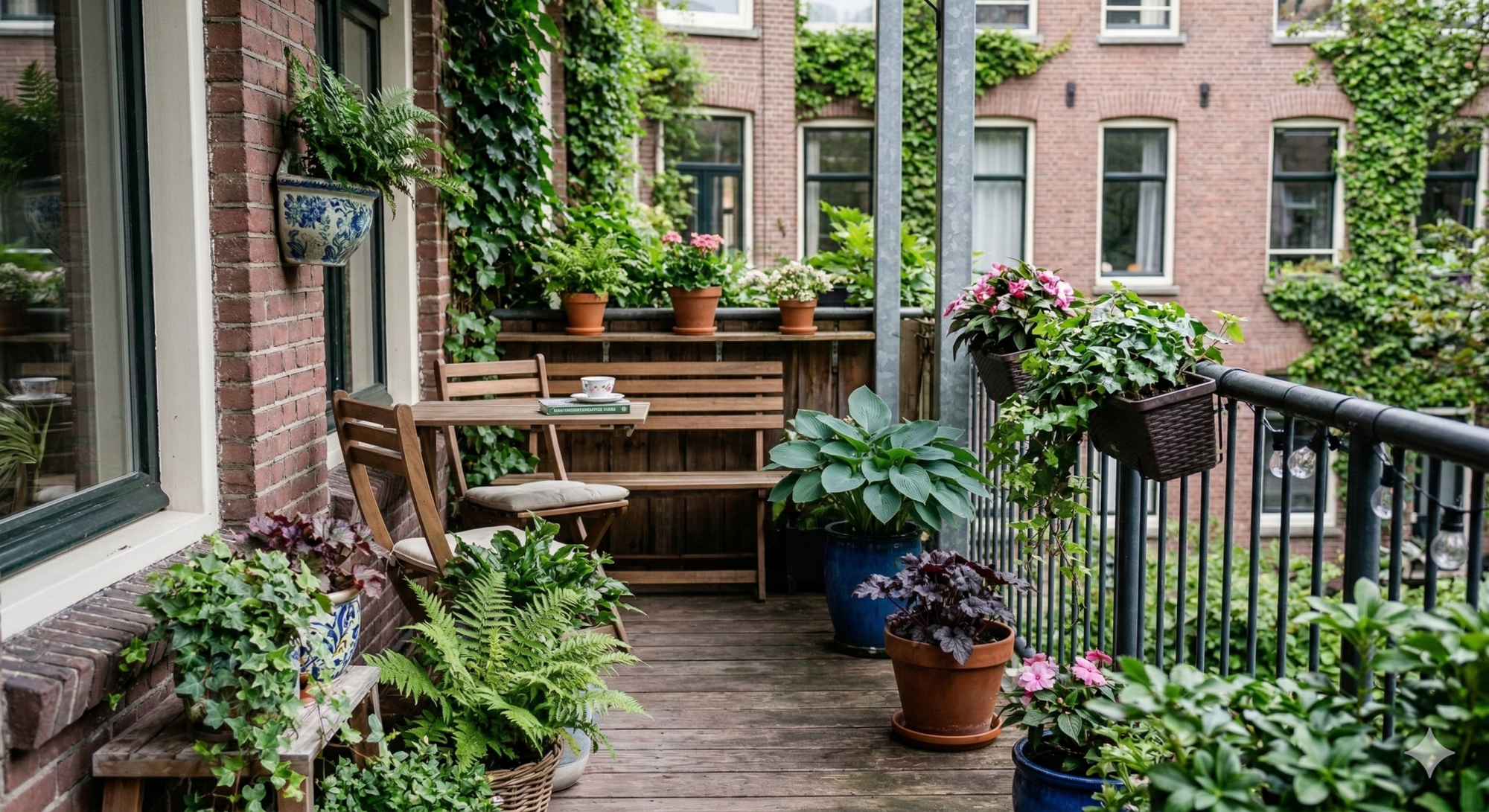 Een sfeervol groen balkon waarbij diverse plantenbakken aan de metalen railing hangen met uitzicht op de stad.