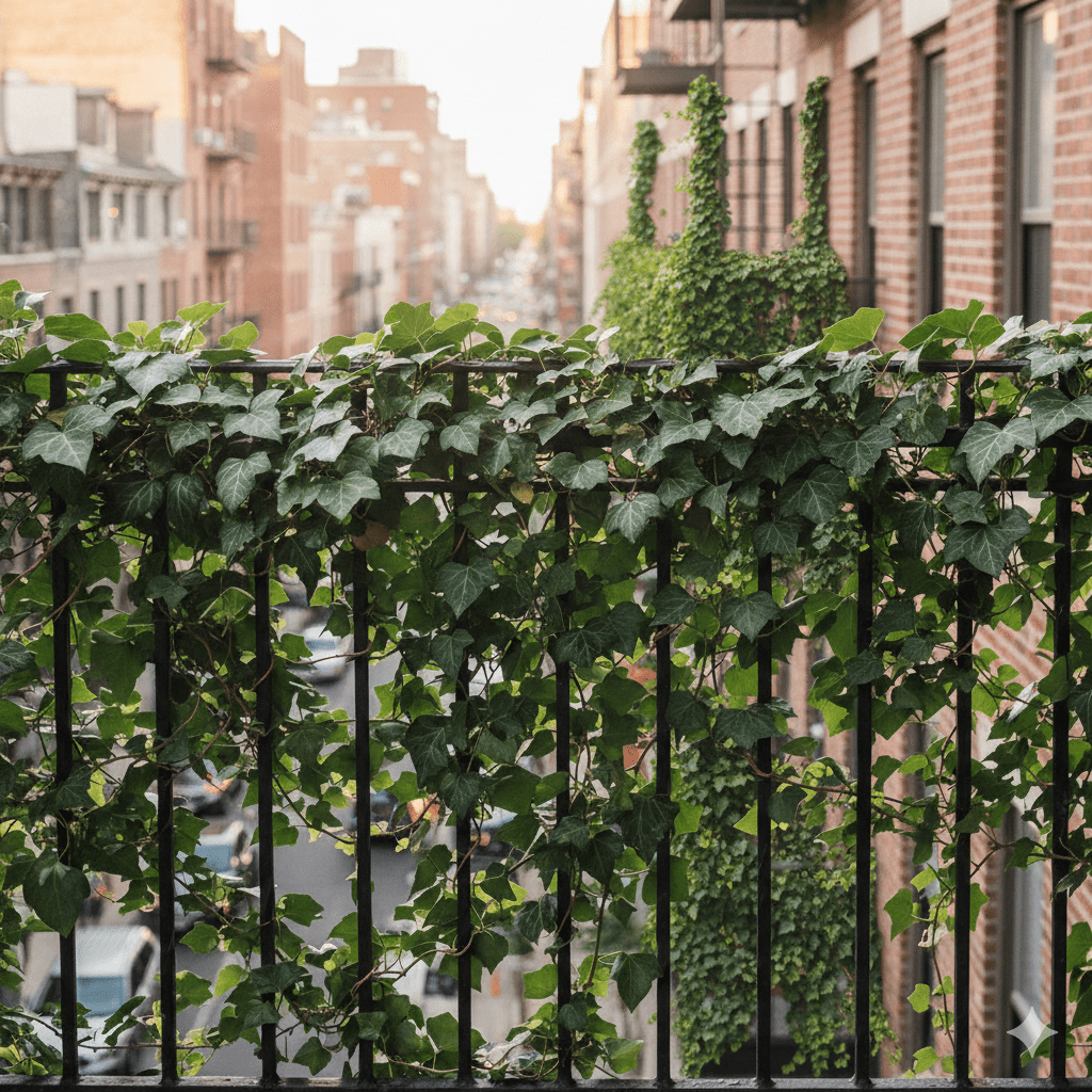 groen hekwerk met klimop begroeid