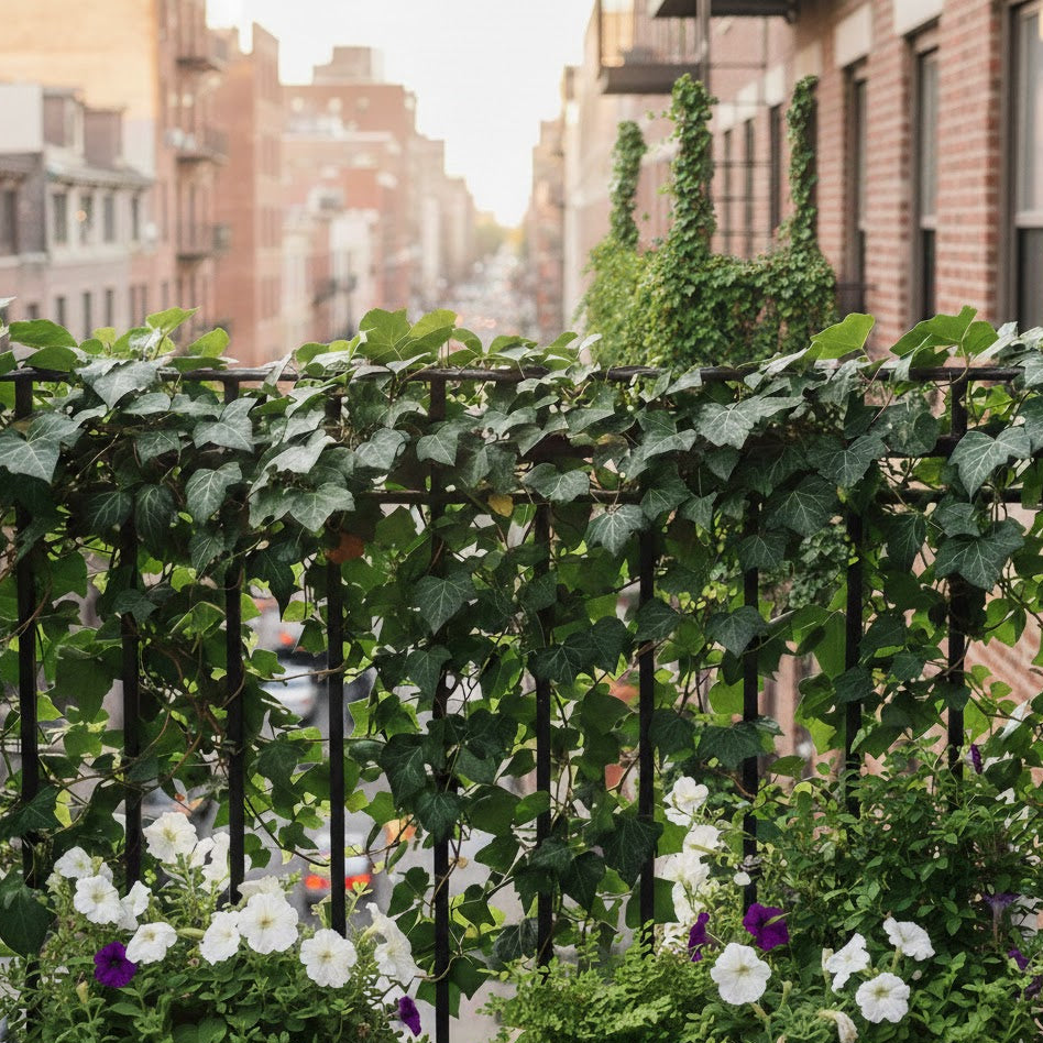 hekwerk begroeid met hedera klimop in een stedelijk gebied